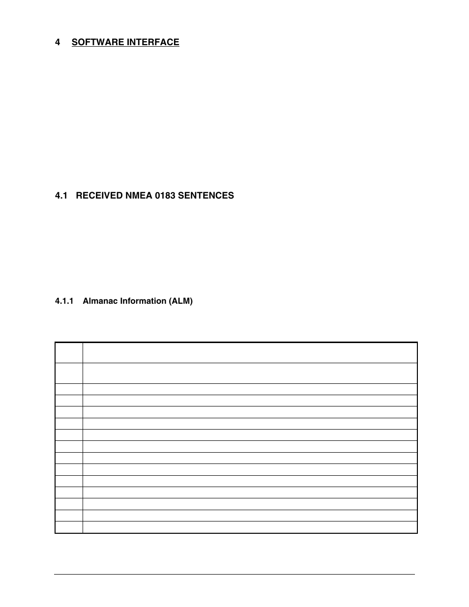 4 software interface, 1 received nmea 0183 sentences, 1 almanac information (alm) | Received nmea 0183 sentences, Almanac information (alm), Section, 1 received, Nmea 0183 sentences, Fied in section, 1 received nmes 0183 sentences | Garmin GPS 16x User Manual | Page 15 / 36