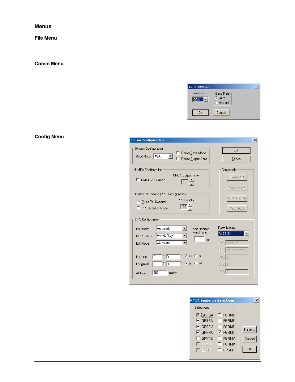 Menus, File menu, Comm menu | Config menu | Garmin GPS 16x User Manual | Page 35 / 36