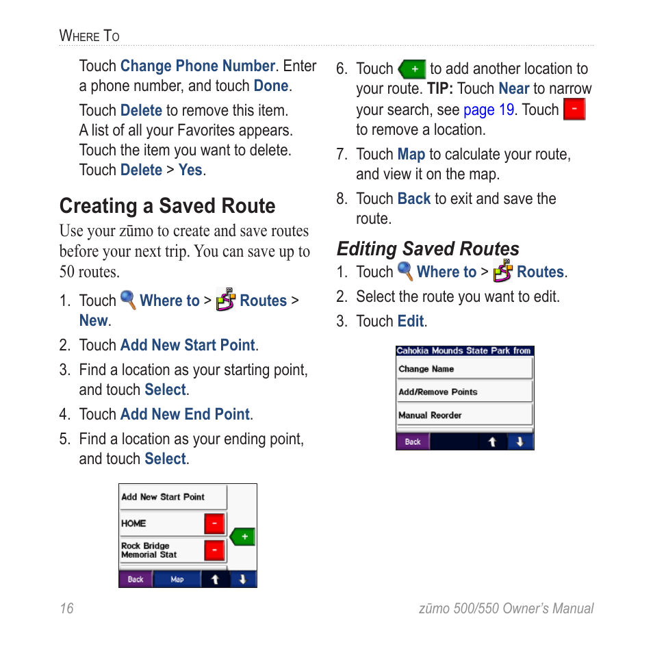 Creating a saved route, Editing saved routes | Garmin Zumo TM 500/550 User Manual | Page 22 / 74