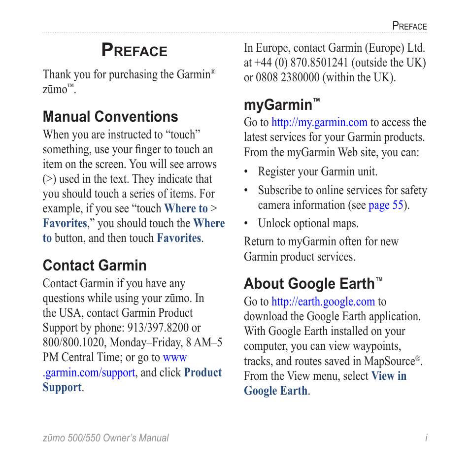 Preface, Manual conventions, Contact garmin | Mygarmin, About google earth | Garmin Zumo TM 500/550 User Manual | Page 3 / 74