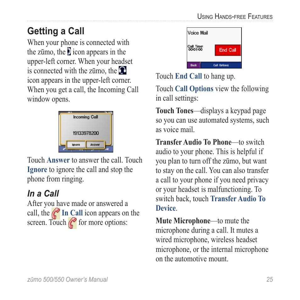 Getting a call | Garmin Zumo TM 500/550 User Manual | Page 31 / 74