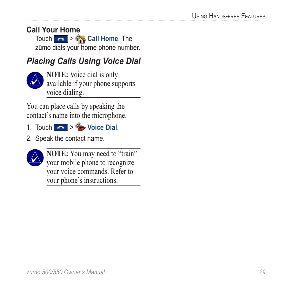 Placing calls using voice dial | Garmin Zumo TM 500/550 User Manual | Page 35 / 74