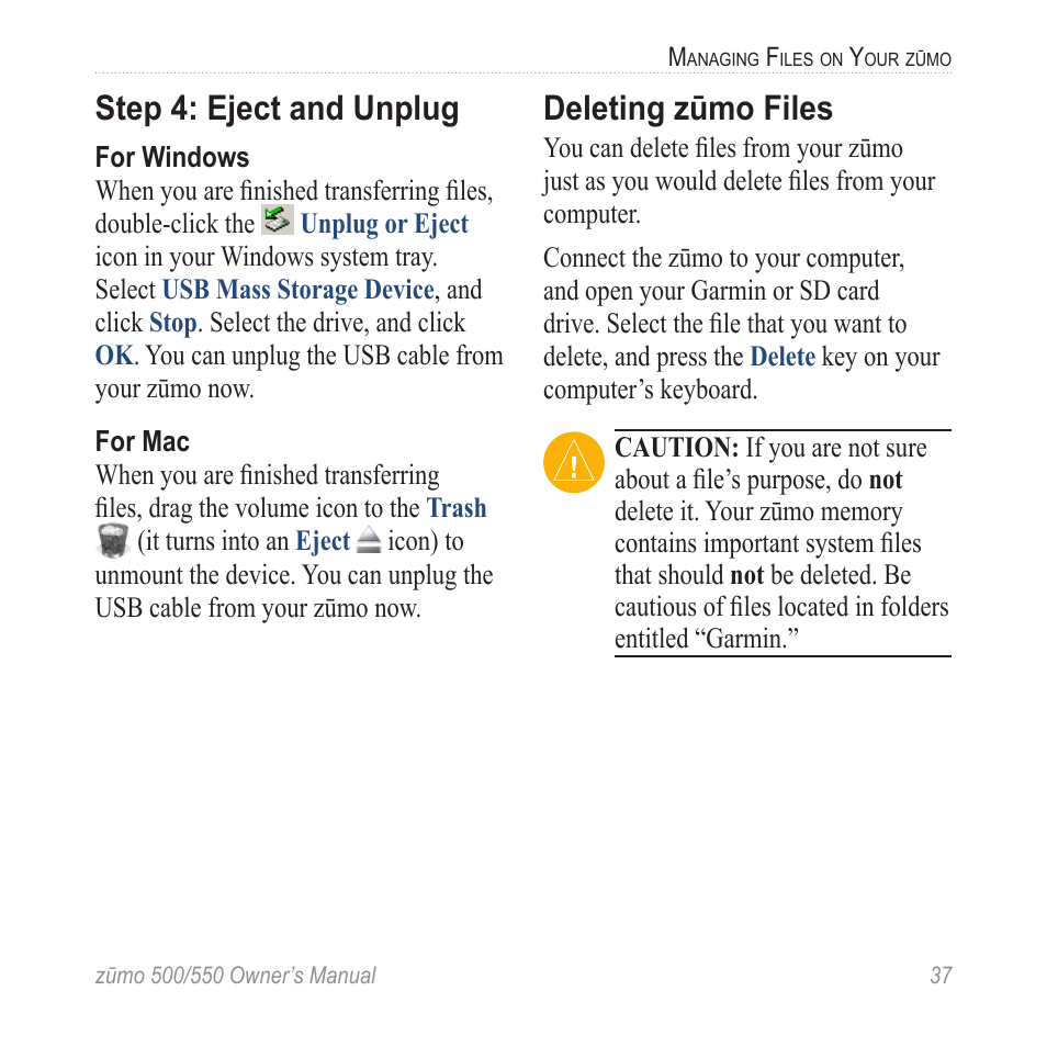 Deleting zūmo files, Step 4: eject and unplug | Garmin Zumo TM 500/550 User Manual | Page 43 / 74