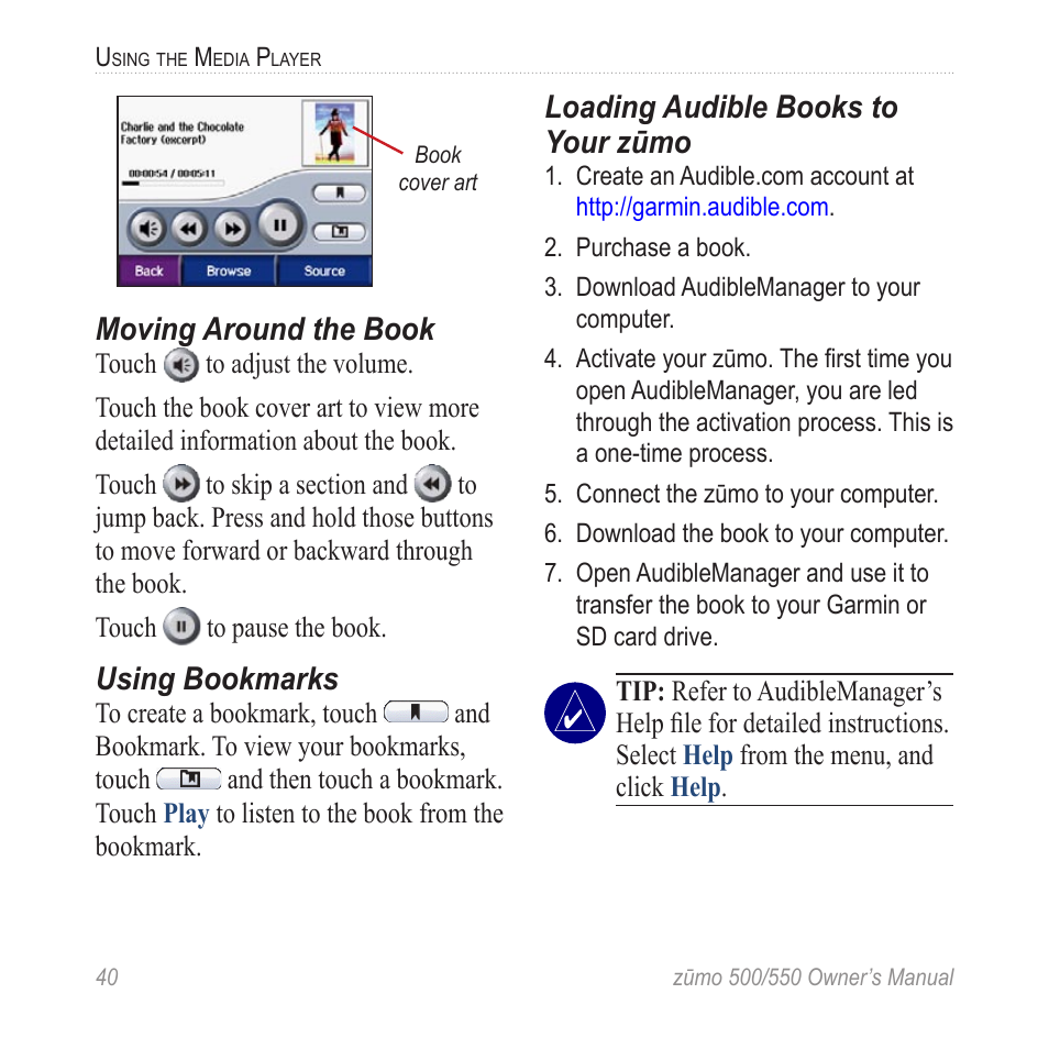 To load books to your zūmo, Moving around the book, Using bookmarks | Loading audible books to your zūmo | Garmin Zumo TM 500/550 User Manual | Page 46 / 74