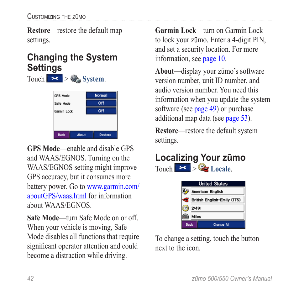 Changing the system settings, Localizing your zūmo | Garmin Zumo TM 500/550 User Manual | Page 48 / 74