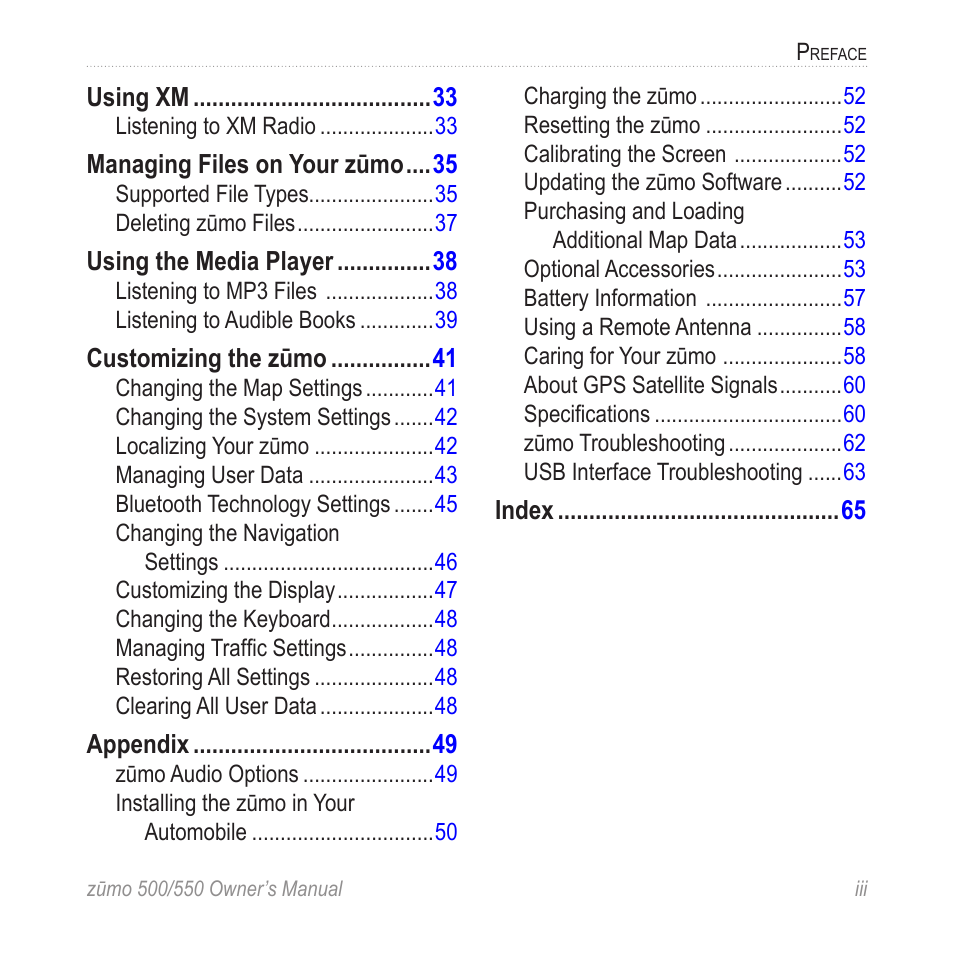 Garmin Zumo TM 500/550 User Manual | Page 5 / 74