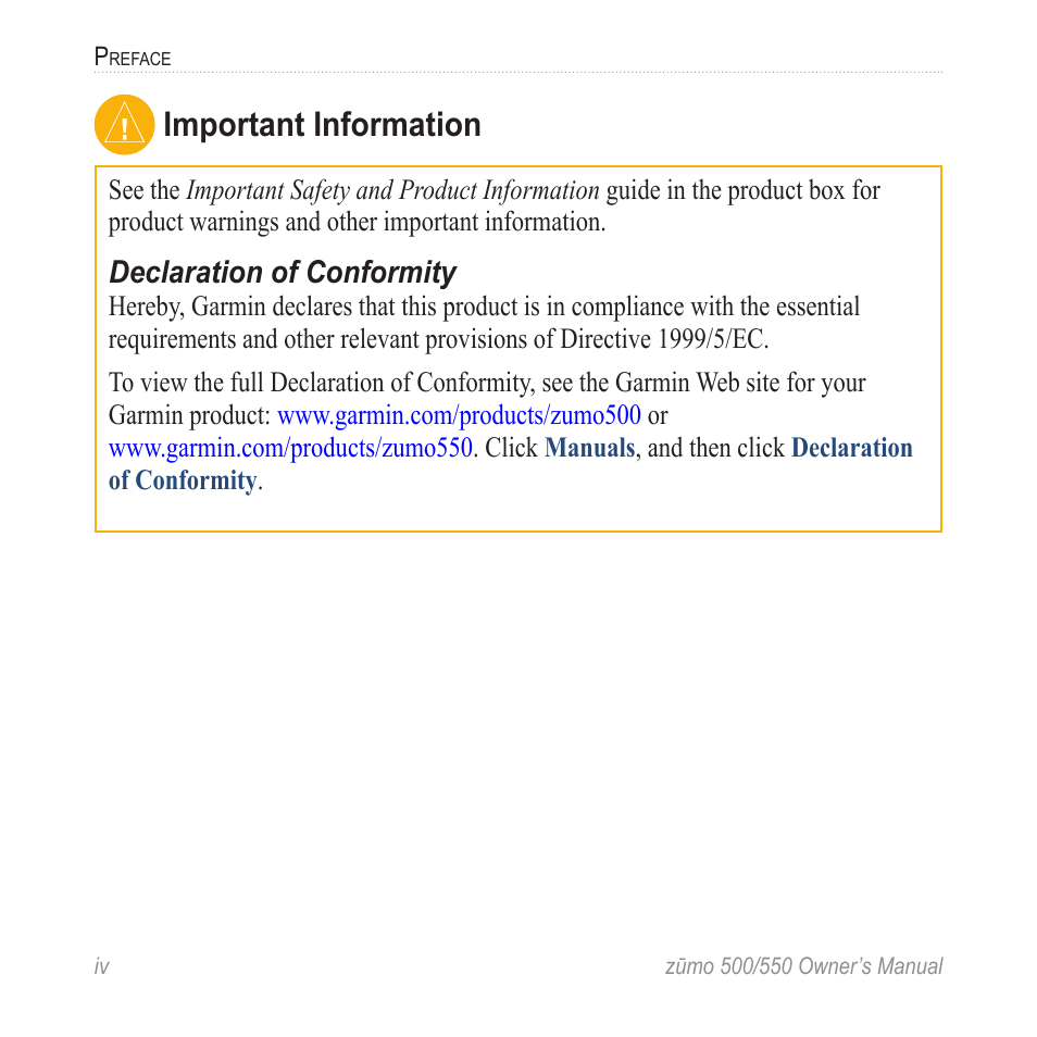 Important information | Garmin Zumo TM 500/550 User Manual | Page 6 / 74