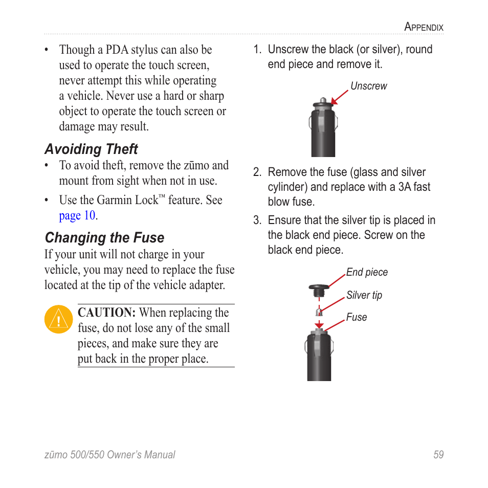 Avoiding theft, Changing the fuse | Garmin Zumo TM 500/550 User Manual | Page 65 / 74