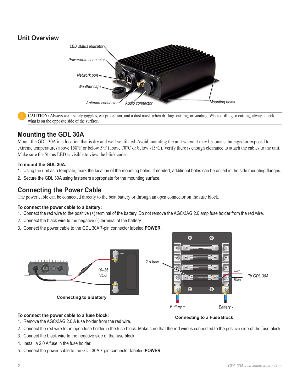 Unit overview, Mounting the gdl 30a, Connecting the power cable | Garmin 30A XM User Manual | Page 2 / 8