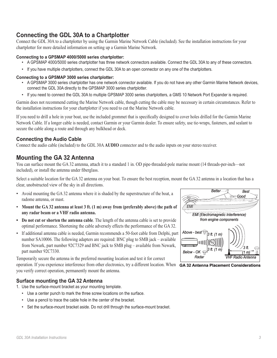 Connecting the gdl 30a to a chartplotter, Connecting the audio cable, Mounting the ga 32 antenna | Surface mounting the ga 32 antenna | Garmin 30A XM User Manual | Page 3 / 8