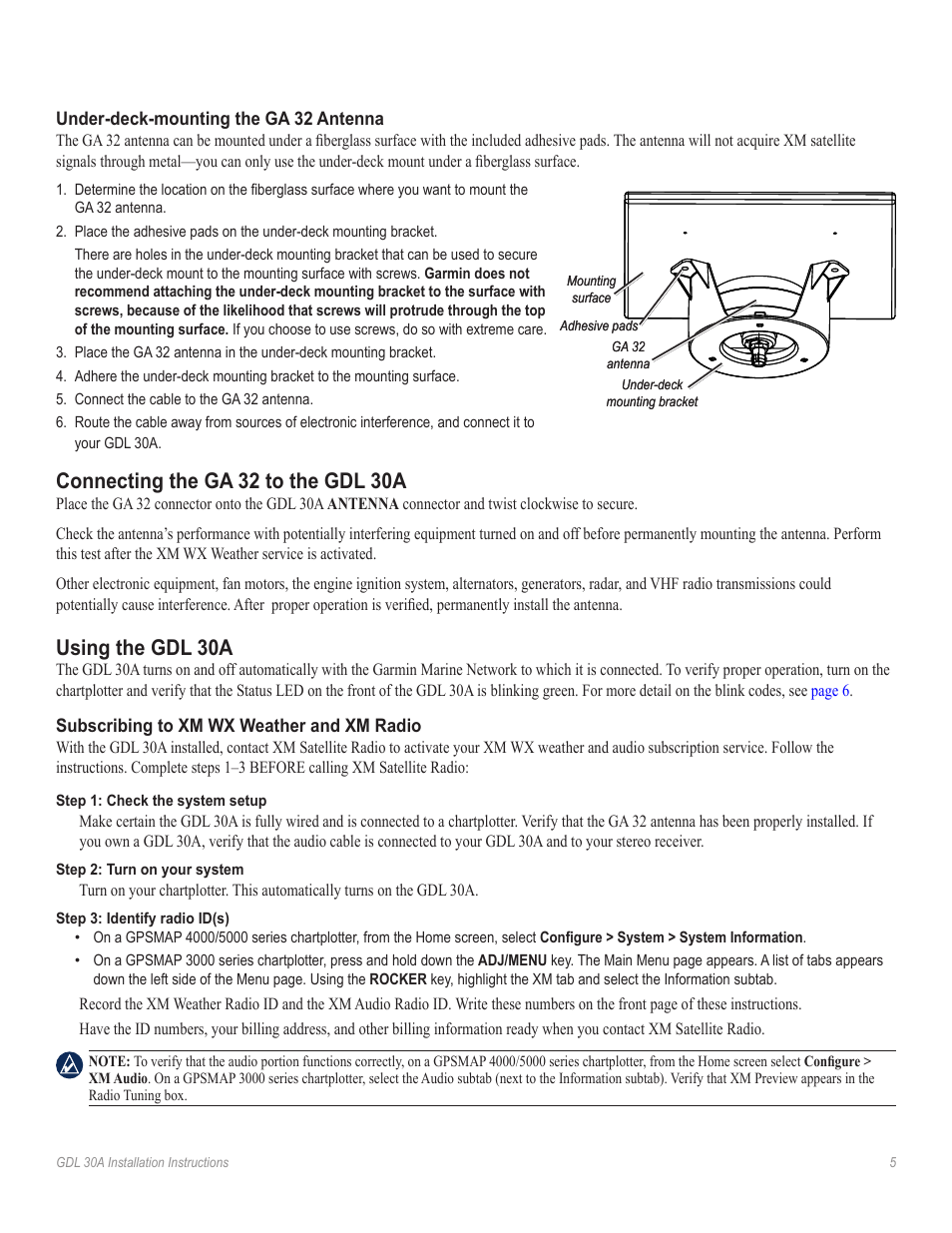 Under-deck-mounting the ga 32 antenna, Connecting the ga 32 to the gdl 30a, Using the gdl 30a | Subscribing to xm wx weather and xm radio | Garmin 30A XM User Manual | Page 5 / 8