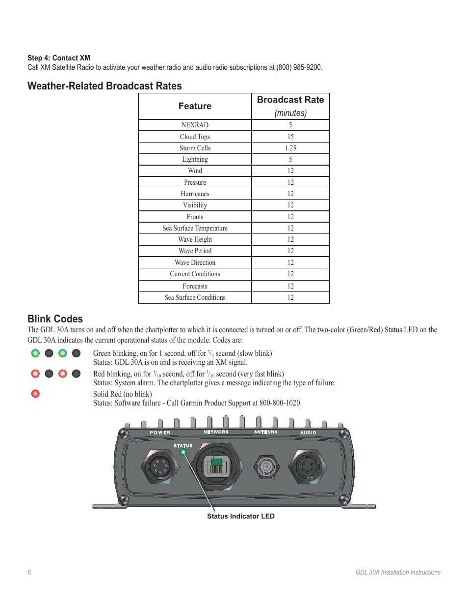 Weather-related broadcast rates, Blink codes | Garmin 30A XM User Manual | Page 6 / 8