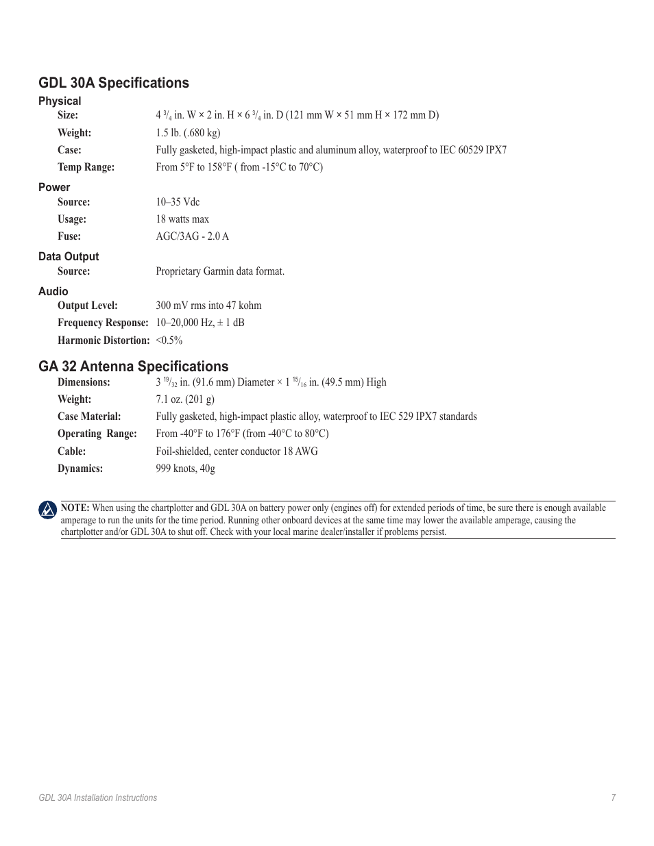 Gdl 30a specifications, Ga 32 antenna specifications | Garmin 30A XM User Manual | Page 7 / 8