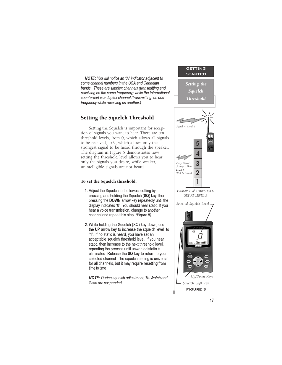 Setting the squelch threshold | Garmin VHF 725e User Manual | Page 23 / 44