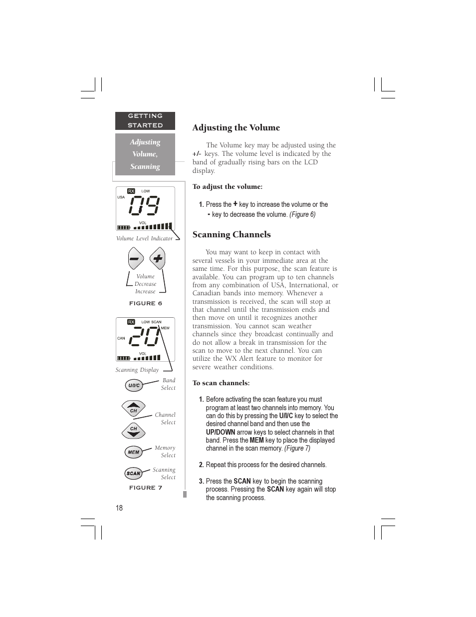 Adjusting the volume, Scanning channels | Garmin VHF 725e User Manual | Page 24 / 44