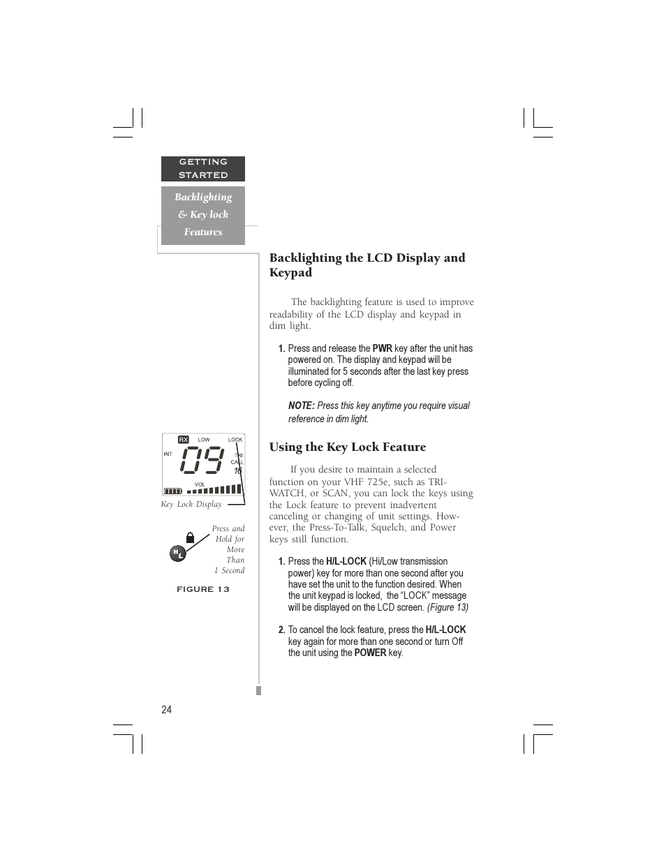 Backlighting the lcd display and keypad, Using the key lock feature | Garmin VHF 725e User Manual | Page 30 / 44