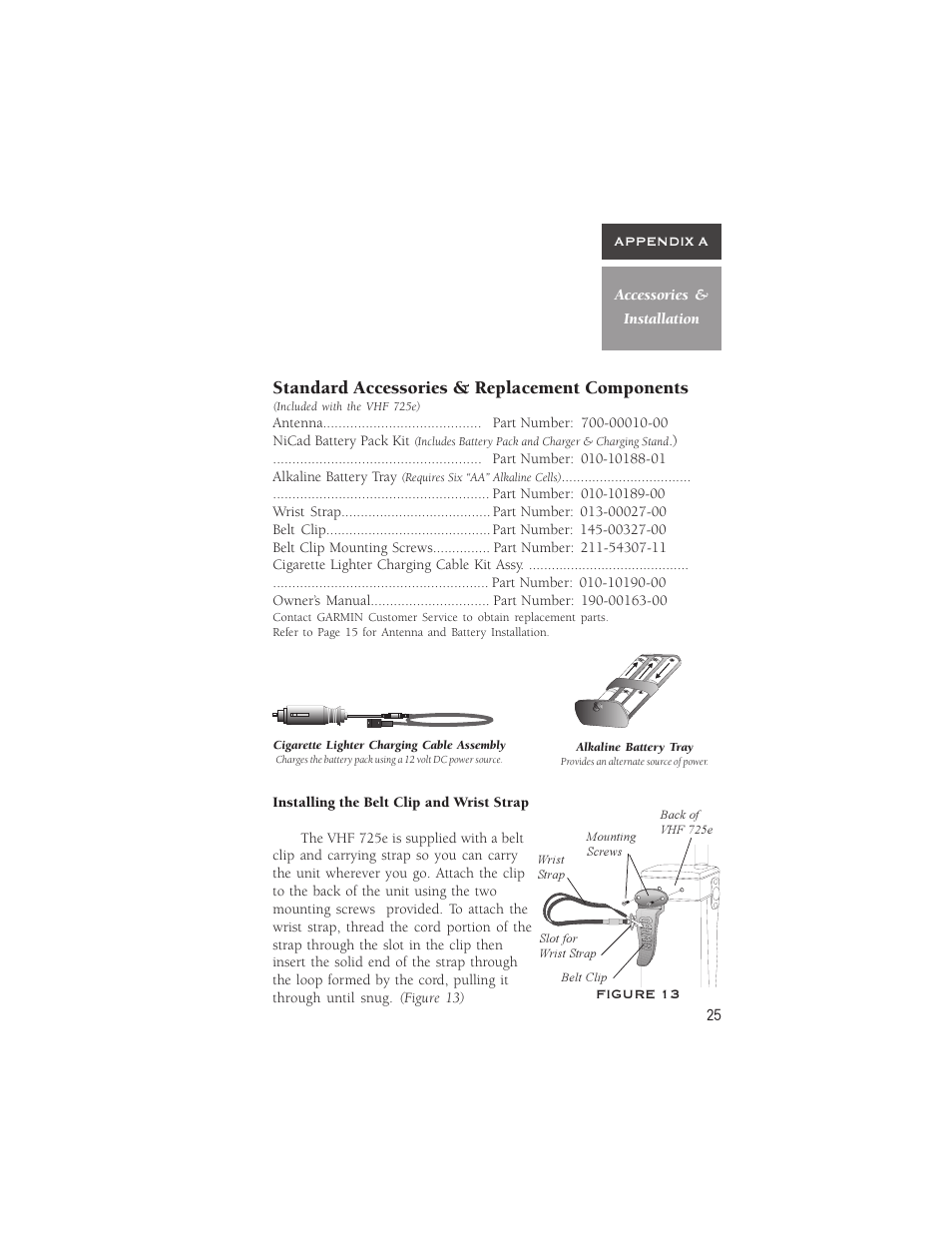 Standard accessories & replacement components | Garmin VHF 725e User Manual | Page 31 / 44