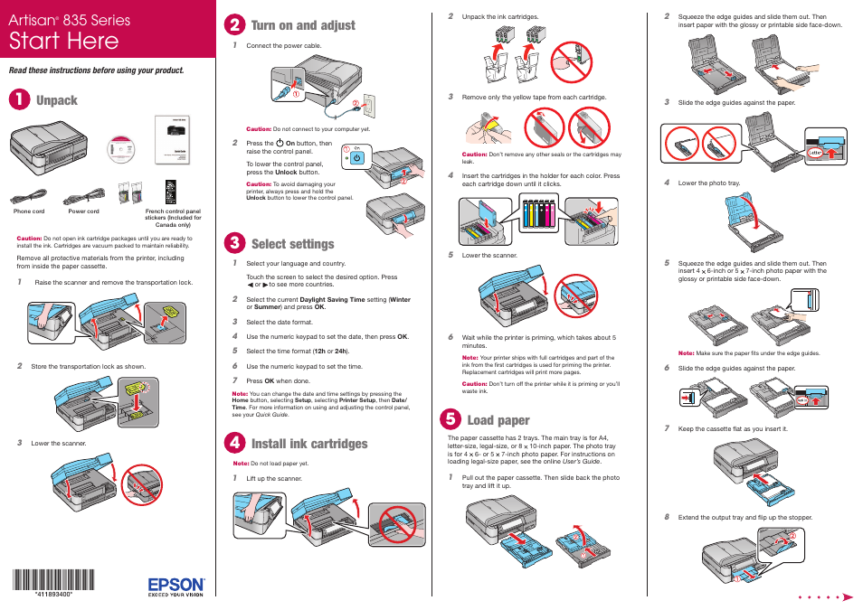 Load paper, Start here, Artisan | 835 series, Unpack, Turn on and adjust, Select settings, Install ink cartridges | Epson ARTISAN 835 User Manual | Page 2 / 4