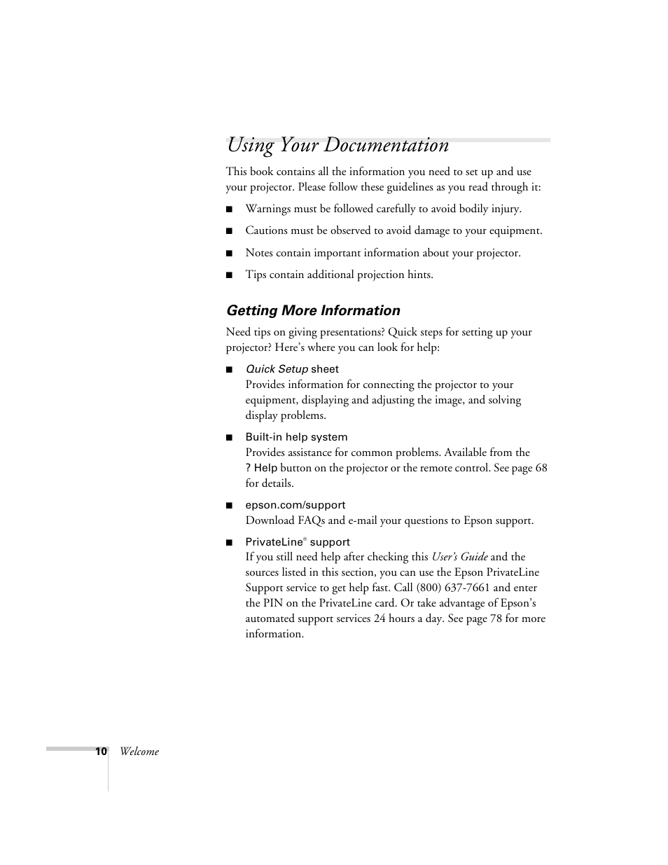 Using your documentation, Getting more information | Epson EX21 User Manual | Page 10 / 96