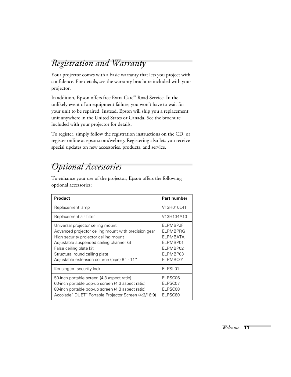 Registration and warranty, Optional accessories, Registration and warranty optional accessories | Epson EX21 User Manual | Page 11 / 96