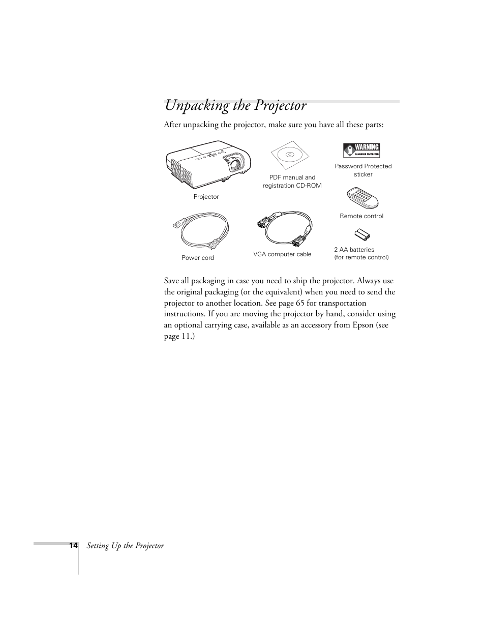 Unpacking the projector | Epson EX21 User Manual | Page 14 / 96