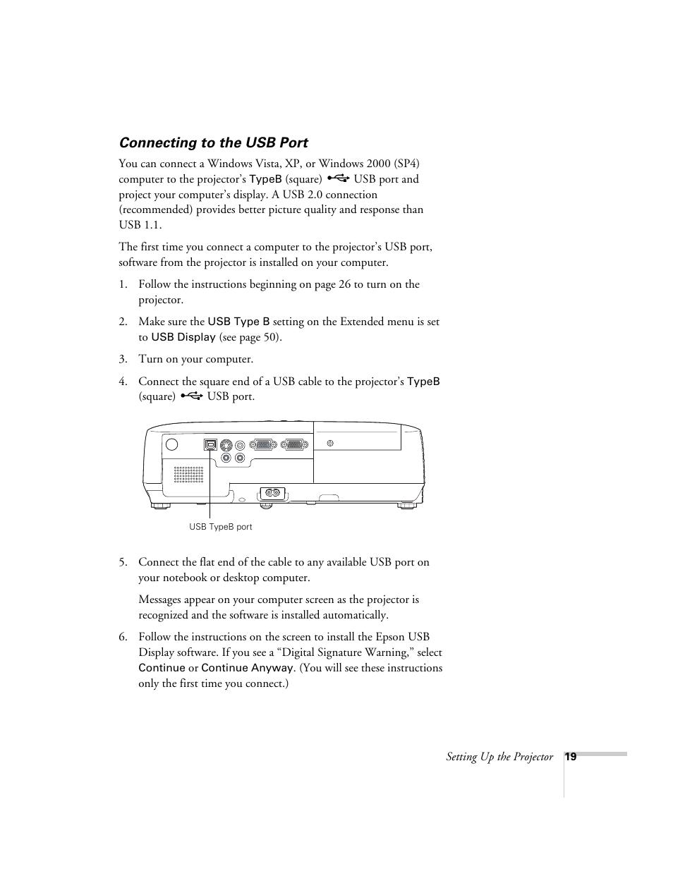 Connecting to the usb port | Epson EX21 User Manual | Page 19 / 96