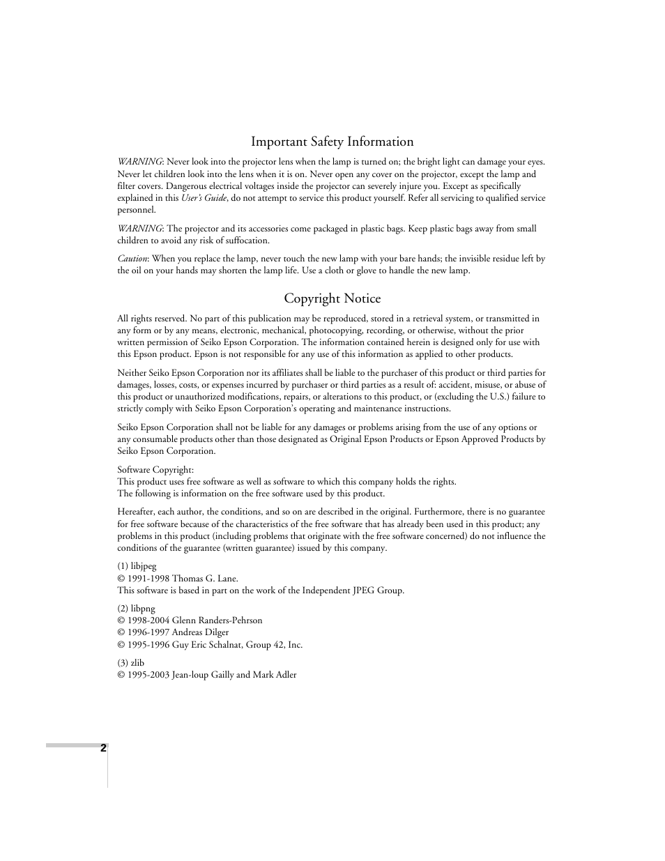 Important safety information, Copyright notice | Epson EX21 User Manual | Page 2 / 96