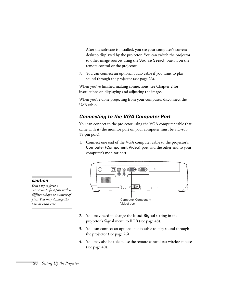 Connecting to the vga computer port | Epson EX21 User Manual | Page 20 / 96