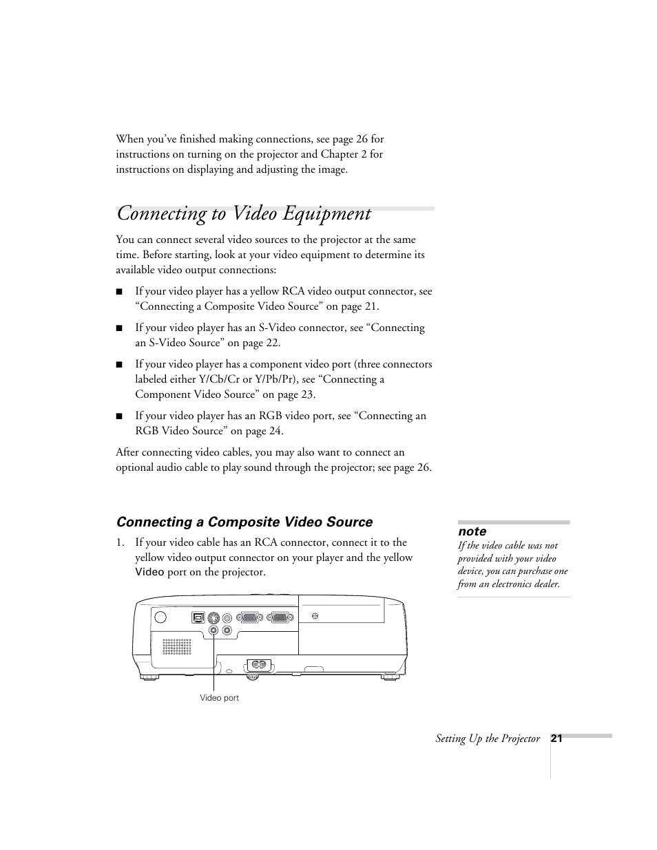 Connecting to video equipment, Connecting a composite video source | Epson EX21 User Manual | Page 21 / 96
