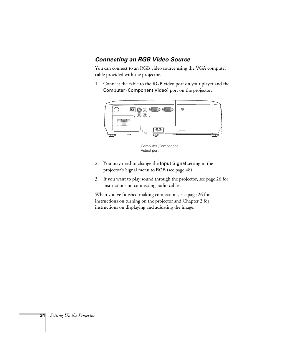 Connecting an rgb video source | Epson EX21 User Manual | Page 24 / 96