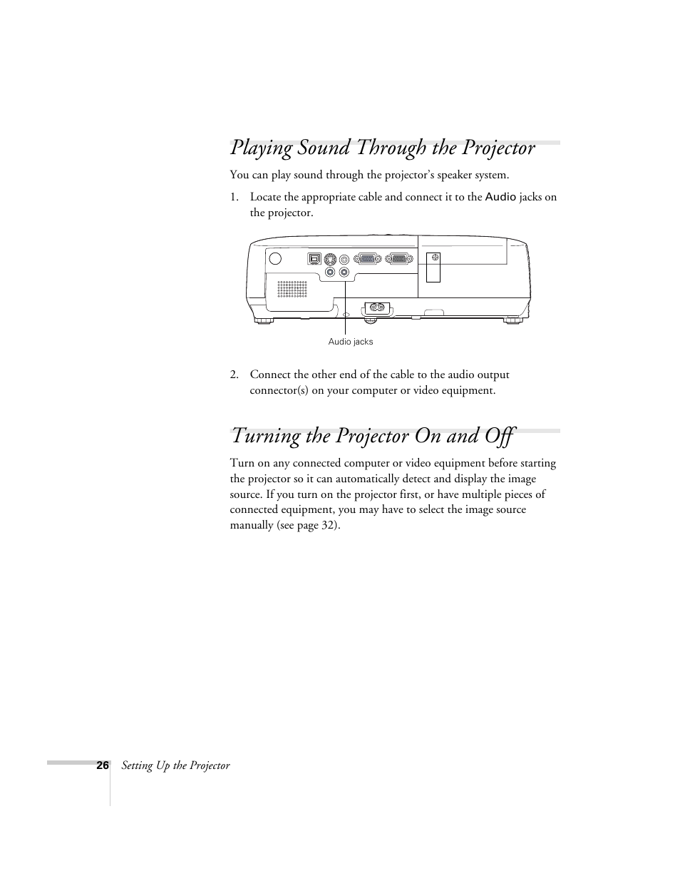 Playing sound through the projector, Turning the projector on and off | Epson EX21 User Manual | Page 26 / 96