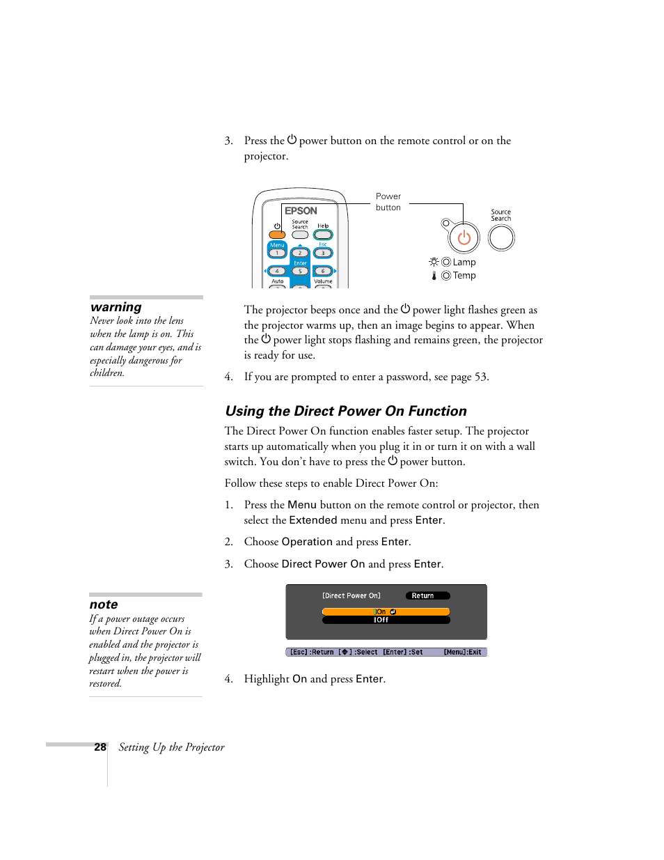 Using the direct power on function | Epson EX21 User Manual | Page 28 / 96