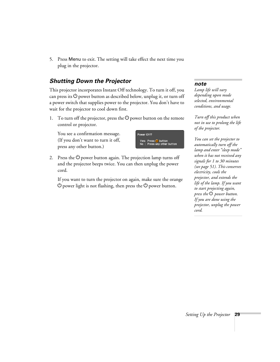 Shutting down the projector | Epson EX21 User Manual | Page 29 / 96