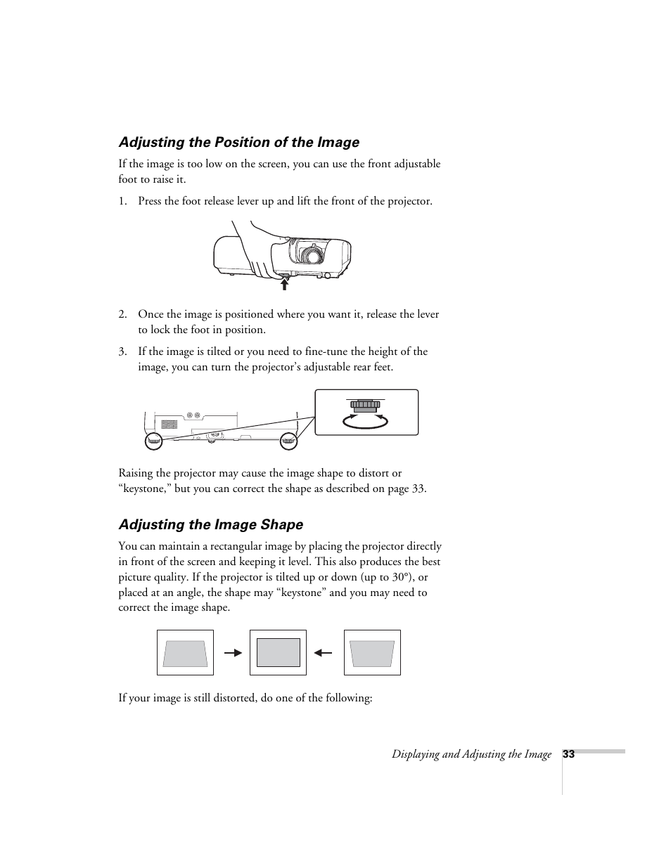 Adjusting the position of the image, Adjusting the image shape | Epson EX21 User Manual | Page 33 / 96