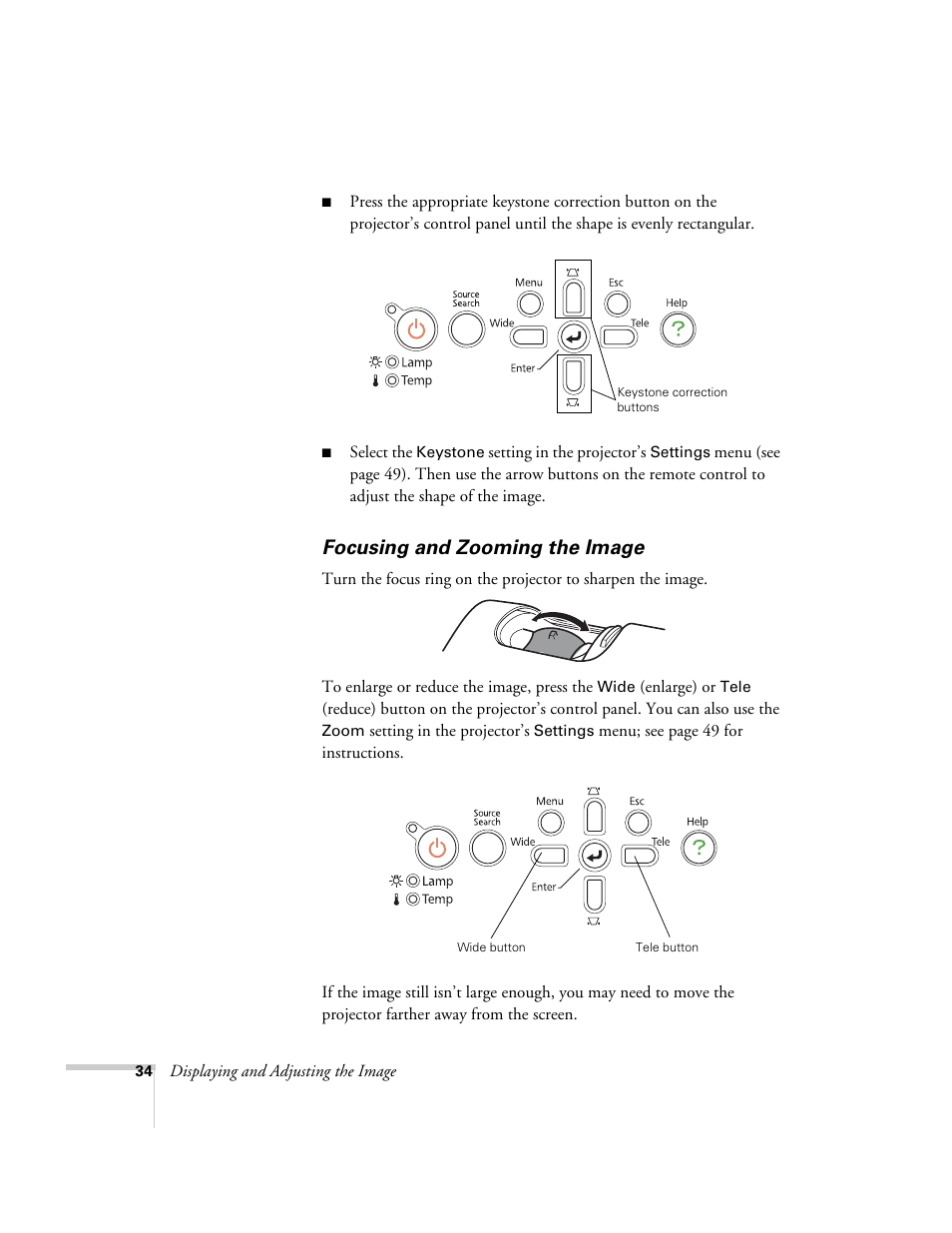 Focusing and zooming the image | Epson EX21 User Manual | Page 34 / 96