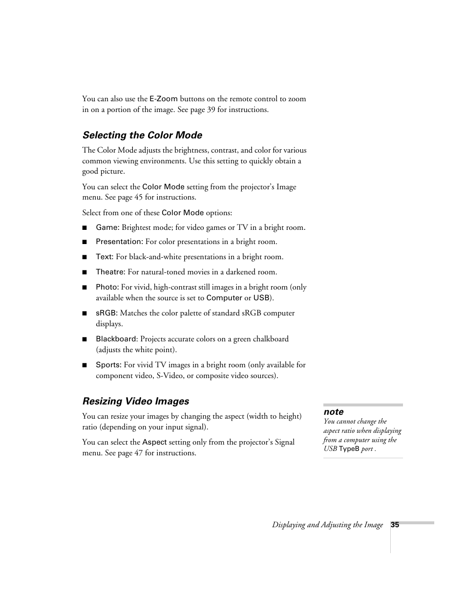 Selecting the color mode, Resizing video images, Selecting the color mode resizing video images | Epson EX21 User Manual | Page 35 / 96