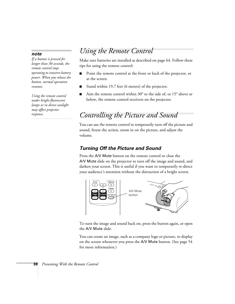 Using the remote control, Controlling the picture and sound, Turning off the picture and sound | Epson EX21 User Manual | Page 38 / 96
