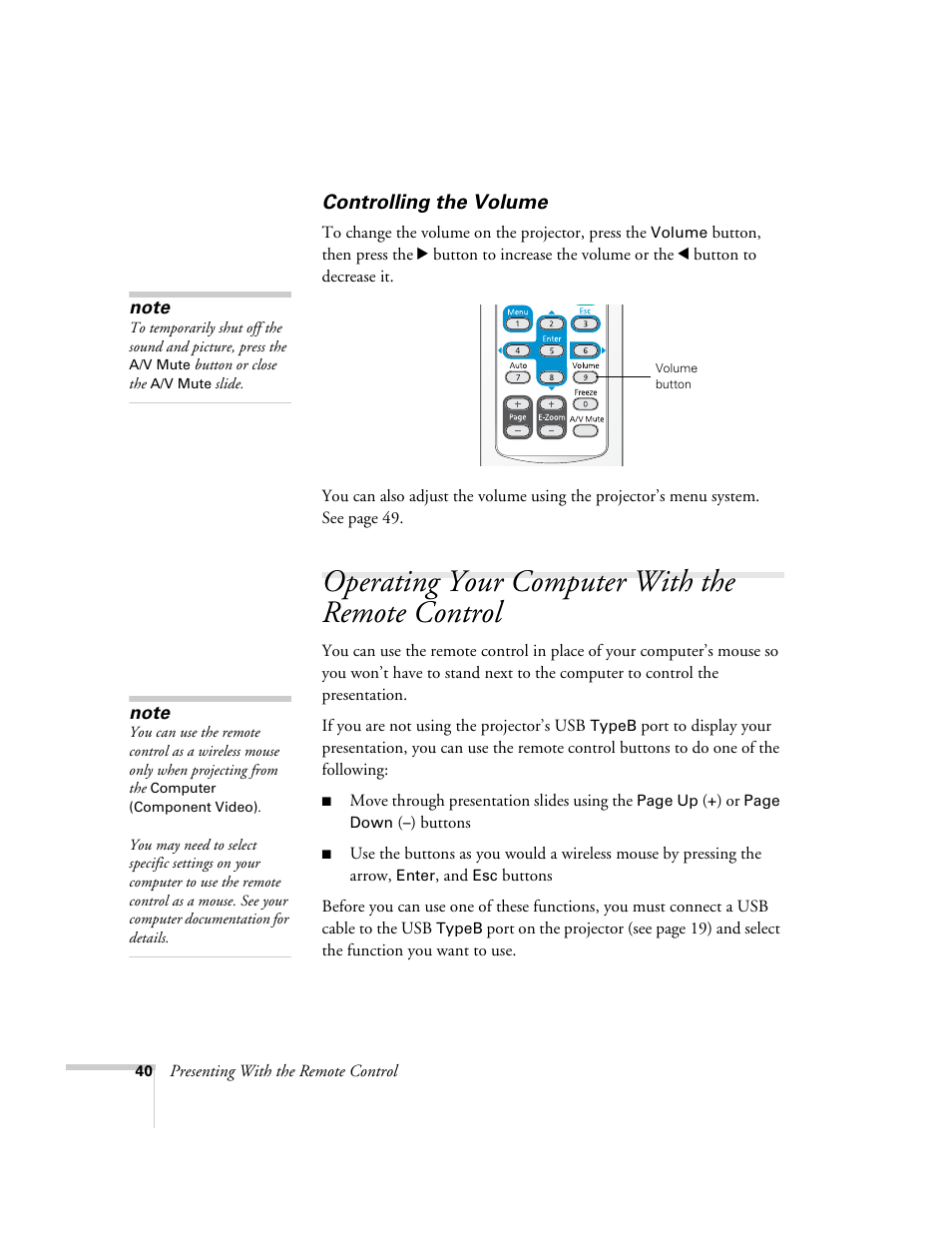 Controlling the volume, Operating your computer with the remote control | Epson EX21 User Manual | Page 40 / 96
