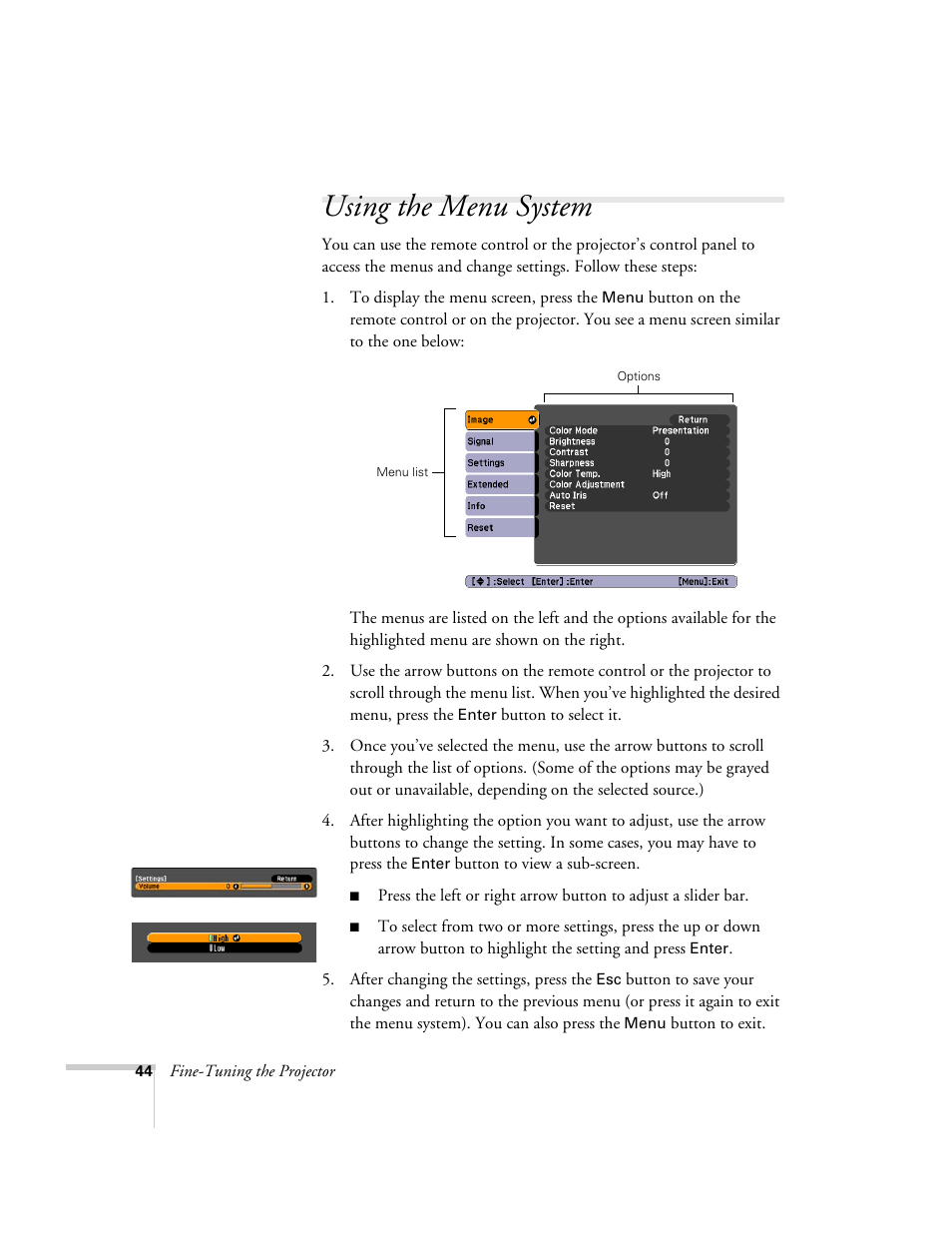 Using the menu system | Epson EX21 User Manual | Page 44 / 96