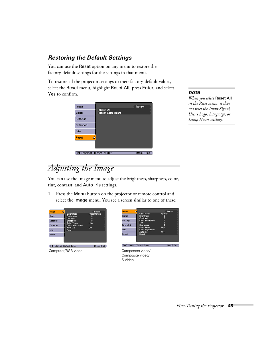 Restoring the default settings, Adjusting the image | Epson EX21 User Manual | Page 45 / 96