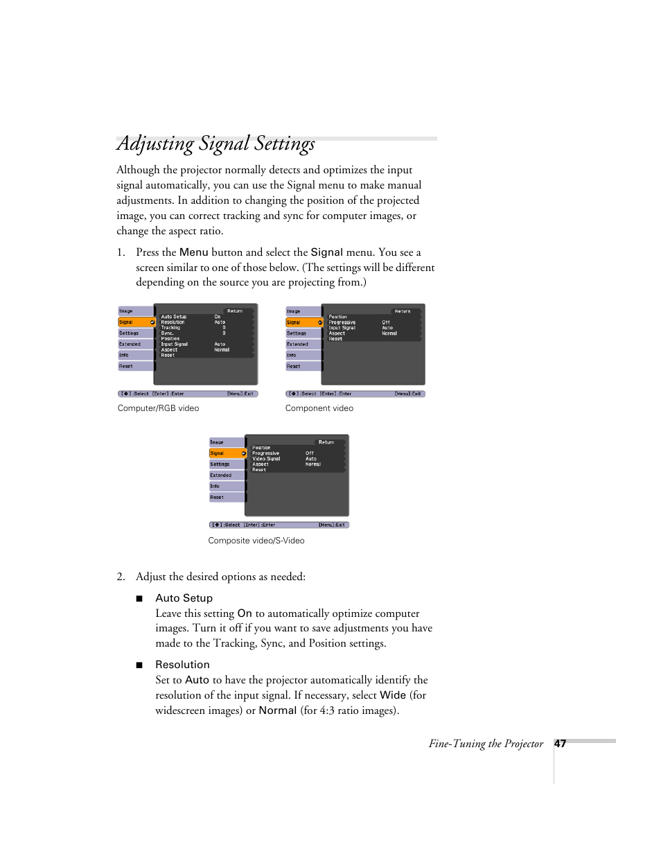 Adjusting signal settings | Epson EX21 User Manual | Page 47 / 96