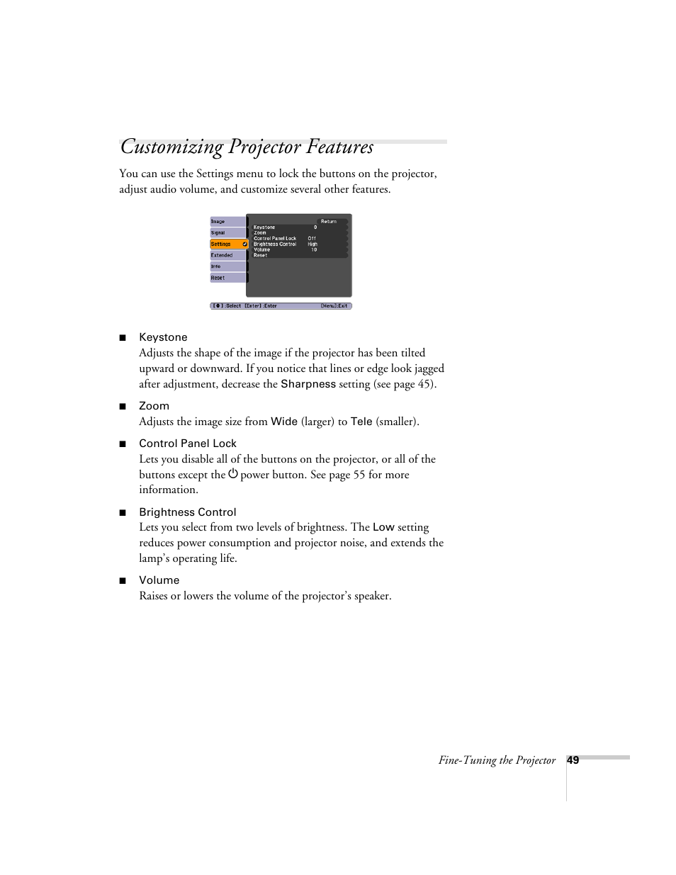 Customizing projector features | Epson EX21 User Manual | Page 49 / 96