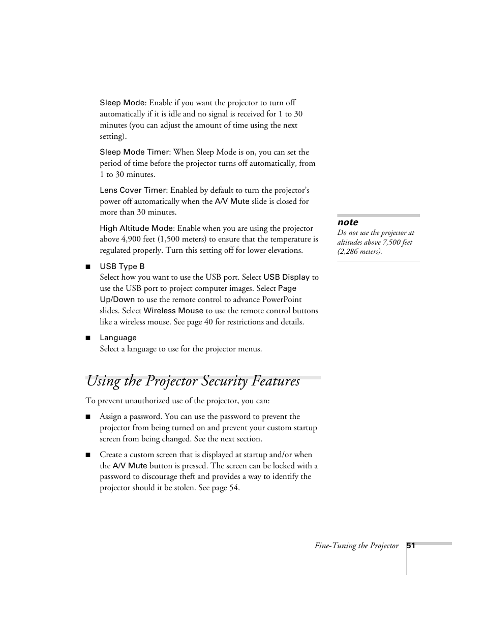 Using the projector security features | Epson EX21 User Manual | Page 51 / 96