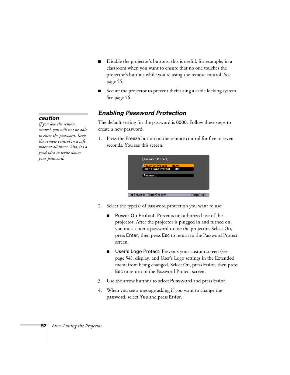 Enabling password protection | Epson EX21 User Manual | Page 52 / 96