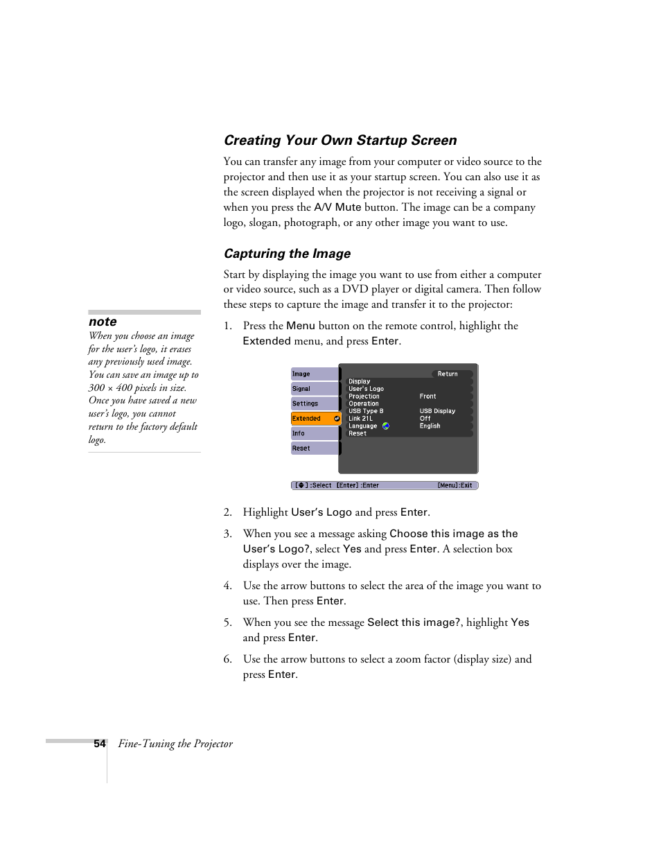 Creating your own startup screen | Epson EX21 User Manual | Page 54 / 96