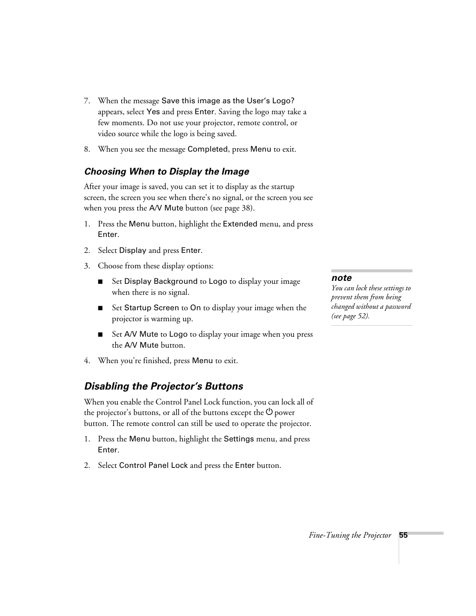 Disabling the projector’s buttons | Epson EX21 User Manual | Page 55 / 96