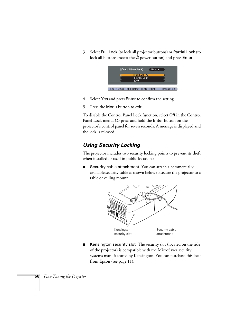 Using security locking | Epson EX21 User Manual | Page 56 / 96