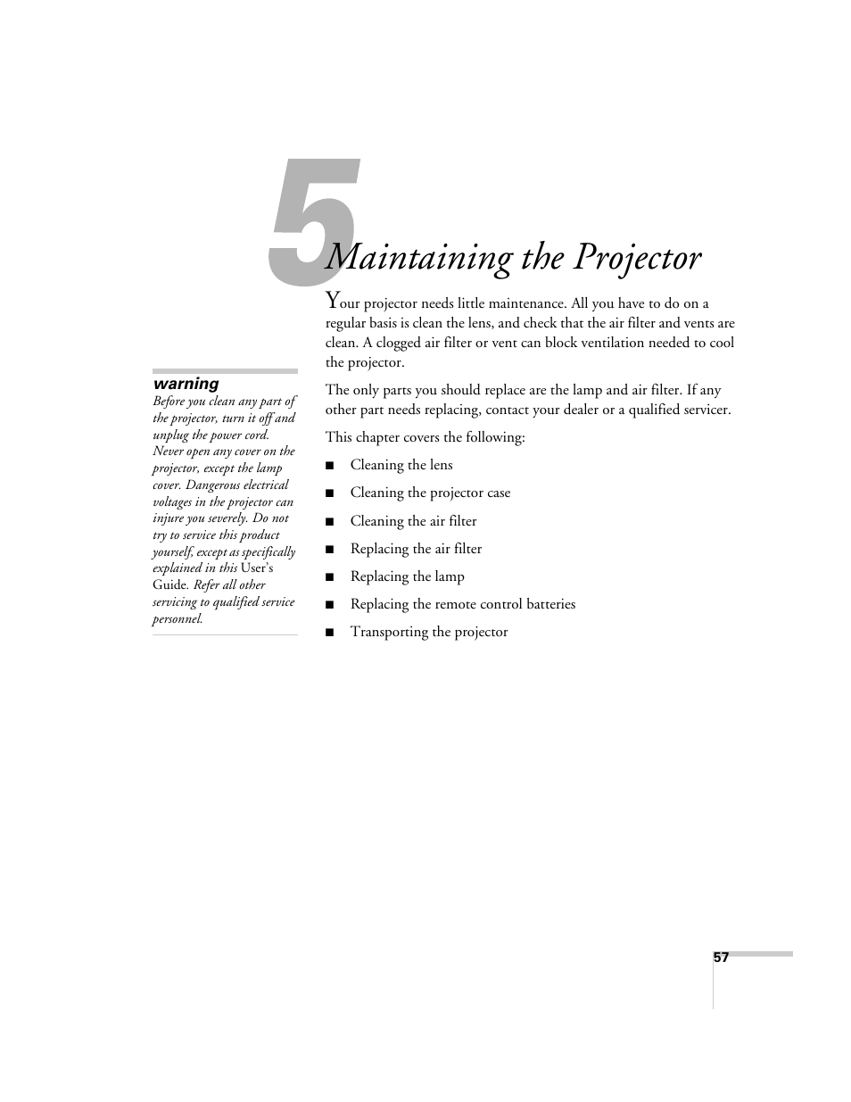Maintaining the projector | Epson EX21 User Manual | Page 57 / 96