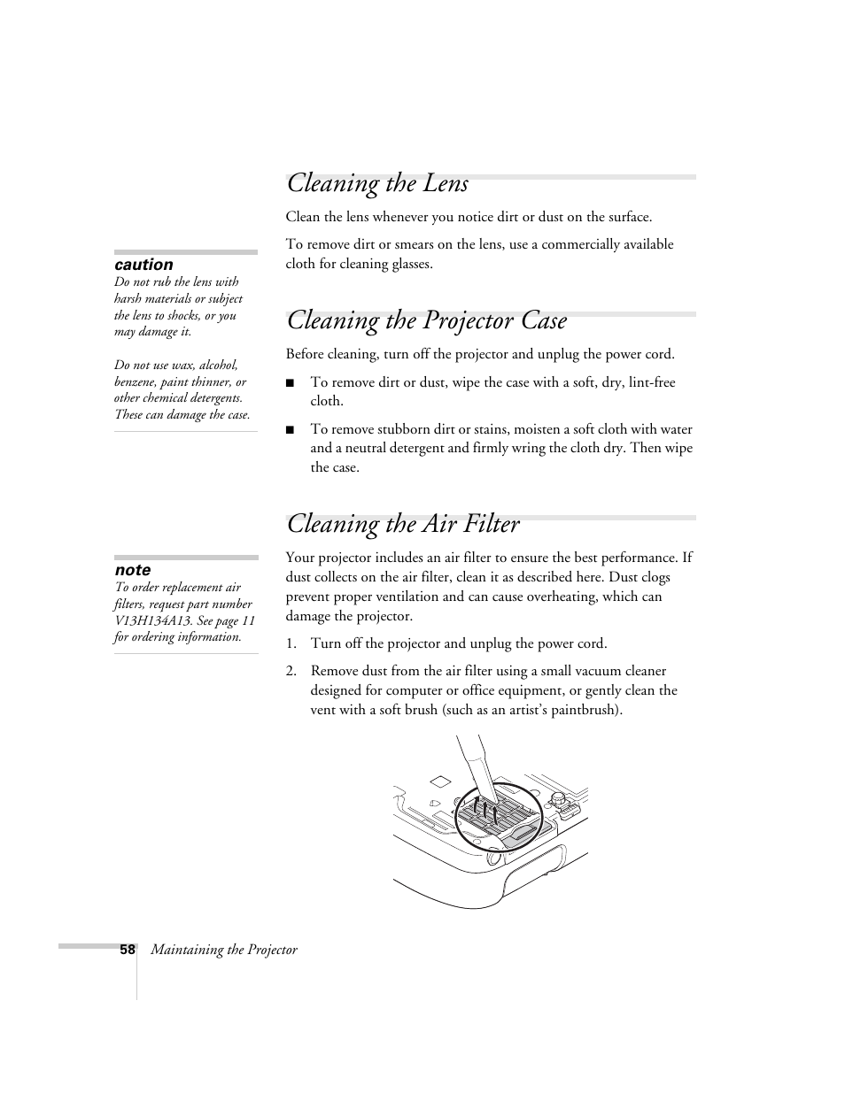 Cleaning the lens, Cleaning the projector case, Cleaning the air filter | Epson EX21 User Manual | Page 58 / 96