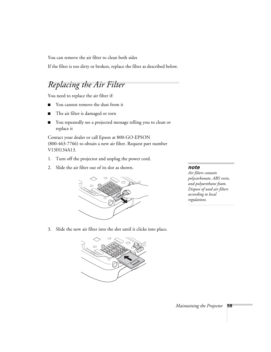 Replacing the air filter | Epson EX21 User Manual | Page 59 / 96